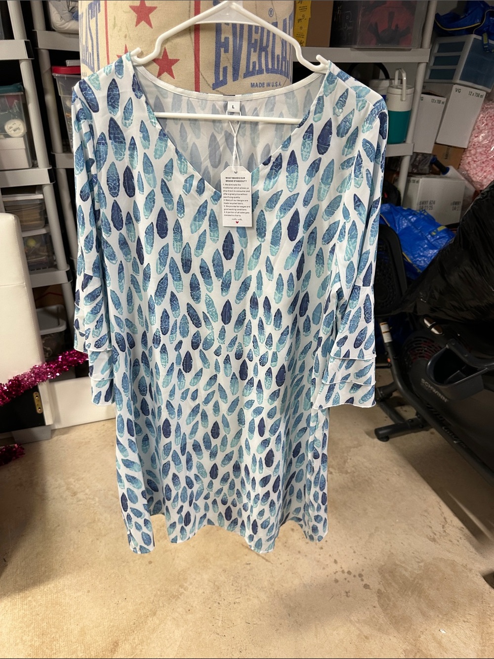 V-Neck Blue Leaf-Pattern Swim Coverup Tunic
